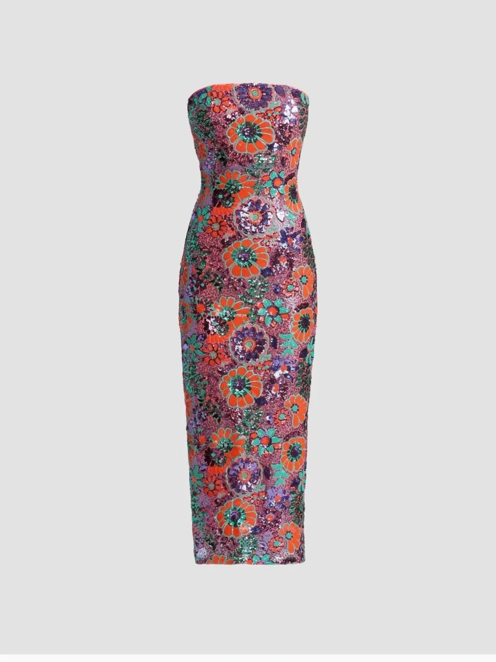 Ramy Brook Strapless Floral Sequin Midi Dress in Pink, Orange & Green